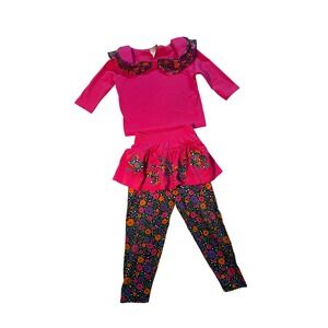 90's Vintage Noahs Ark Girls Pink Floral 2 Piece Skirt Leggings Set Size 6 USA